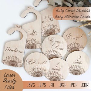 Séparateurs de penderie bébé lot de tournesols SVG, tournesols cartes jalons SVG découpées au Laser Glowforge Cricut téléchargement numérique fichiers séparateurs de penderie