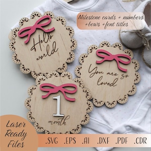Noeud bébé jalons mensuels SVG, cartes étape bébé fille SVG, carte étape étape bébé fille, fichiers de téléchargement numérique Cricut Glowforge découpé au Laser