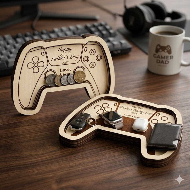 K&ouml;nnte beinhalten: Zwei Holztabletts in Form eines Controllers mit graviertem Text und M&uuml;nzaufbewahrung. Eines tr&auml;gt die Aufschrift "Happy Father's Day 2025, Love, Liam" und enth&auml;lt M&uuml;nzen. Das andere enth&auml;lt einen Autoschl&uuml;ssel, einen Ring, eine Uhr, Ohrh&ouml;rer und eine Brieftasche.