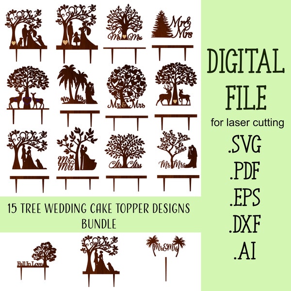 15 Tree Wedding cake toppers SVG Bundle Laser Cut Files Glowforge File for Cricut Silhouette Laser cutting Digital Download mr and mrs svg