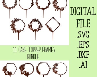 Wedding cake topper frames svg, birthday topper svg, flower wreath frame svg, wreath cake topper svg, cake topper laser cut, frame svg