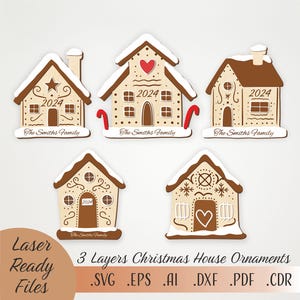 Paquete SVG de adornos navideños para la casa, archivo cortado con láser con adornos con nombres de familia, adorno para el primer hogar de Glowforge, decoraciones de medias personalizadas