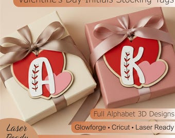Valentine’s Day Initials Stocking Tags SVG, Alphabet Letter Gift Tags, Heart Tag Kids Valentine Tags SVG, Laser Cut Glowforge Cricut Files