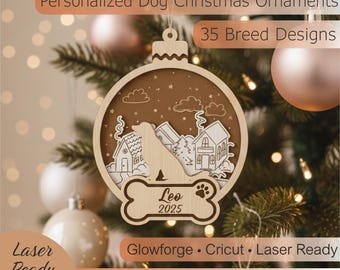 Personalized Dog Christmas Ornament SVG Bundle, 35 Breeds Laser Cut Files, Glowforge 3D Layered Pet Ornament, Custom Name Holiday Decor