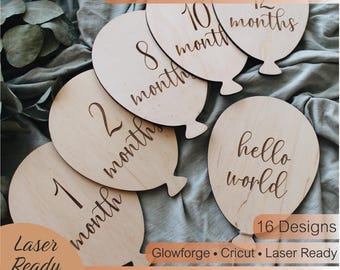 Ballon baby mijlpaalkaarten SVG-bundel – houten stijl maandelijkse babyleeftijd markeringen, lasergesneden bestanden voor Cricut & Glowforge, kraamcadeau