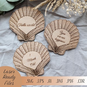 Shells Baby Milestones SVG Bundle, hito del bebé SVG, Hola mundo SVG, Laser Cut Glowforge Cricut Descarga digital de archivos, Tarjetas de hitos