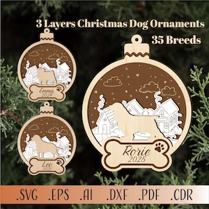 Personalized Dog Christmas Ornament SVG Bundle – 35 Dog Breeds, Instant Download Laser Cut Files for Cricut Glowforge – Pet Name & Year