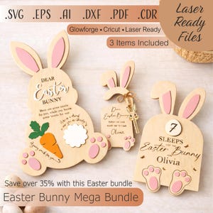 May include: A wooden Easter Bunny mega bundle with three laser-ready items. The set includes a large bunny-shaped sign with text, a smaller bunny with a tag, and a countdown sign. The signs are light brown with pink and green accents.