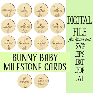 Bunny Baby Milestone cards SVG Animals Bundle, Bunny SVG, Animals SVG, Laser Cut Glowforge Cricut Descarga digital de archivos, Hitos mensuales