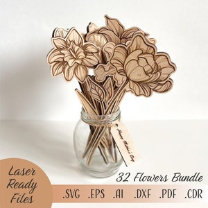 32 Flowers SVG Bundle, file di download digitale Glowforge Cricut tagliati al laser, bouquet di fiori selvatici vettoriali per la mamma, fiori in legno, regalo per la festa della mamma