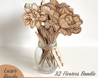 32 bloemen SVG bundel, laser gesneden Glowforge Cricut digitale downloadbestanden, vector wilde bloemen boeket voor moeder hout bloemen moeders dag cadeau