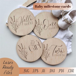 Jalons mensuels pour bébé lavande SVG, cartes jalons bébé fille SVG, carte jalon bébé fille, fichiers à téléchargement numérique Glowforge découpé au Laser