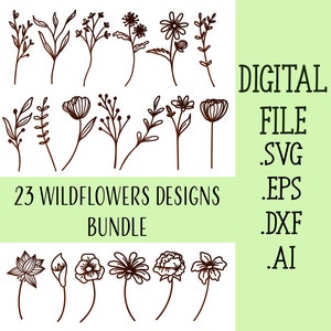 May include: A set of 23 digital wildflower designs in black and white. The designs are perfect for crafting, scrapbooking, and other creative projects. The file types included are SVG, EPS, DXF, and AI.