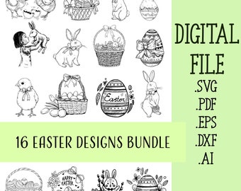 16 diseños dibujados a mano de Pascua SVG Bundle, Happy Easter Eggs Svg, Easter Bunny SVG clipart, Laser Cut Glowforge Cricut Archivos de descarga digital