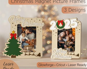 Christmas Picture Frame Magnet SVG • 3 Laser Cut Designs • Family Photo Ornament • Glowforge & Cricut Ready • Merry Christmas Door Frames