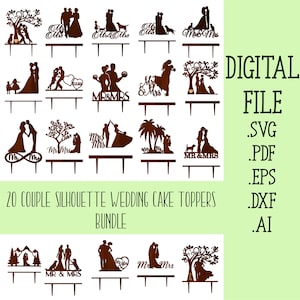 20 Silhouette di coppia per topper per torta nuziale in formato SVG, file tagliati al laser, file Glowforge per Cricut Silhouette, download digitale per taglio laser