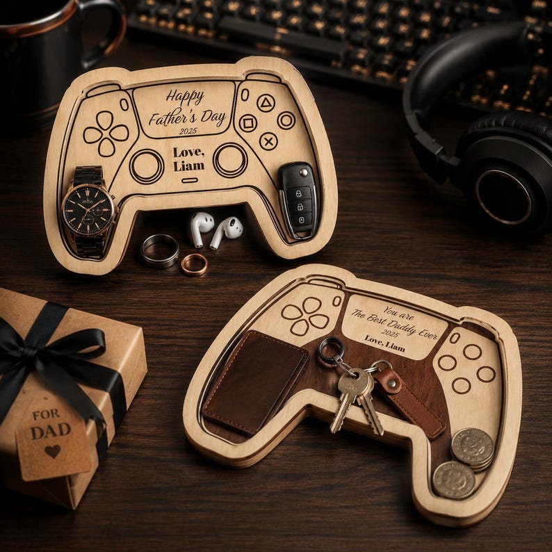 K&ouml;nnte beinhalten: Zwei Holztabletts in Form eines Controllers mit eingravierten Details. Eines enth&auml;lt eine Uhr, Ringe, Ohrh&ouml;rer und einen Autoschl&uuml;ssel. Das andere hat eine Brieftasche, Schl&uuml;ssel und M&uuml;nzen. Der Text lautet "Happy Father's Day 2025" und "You are The Best Daddy Ever 2025".