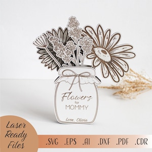 Arquivo de corte a laser Buquê de flores SVG Glowforge Download digital de flores gravadas para presente de dia das mães Frasco com flores para a mãe Arquivo de corte a laser