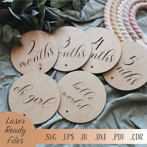 Bébé jalons coeurs SVG, bébé étape importante SVG, Bonjour tout le monde SVG, fichiers de téléchargement numérique Cricut Glowforge découpé au laser, cartes jalon