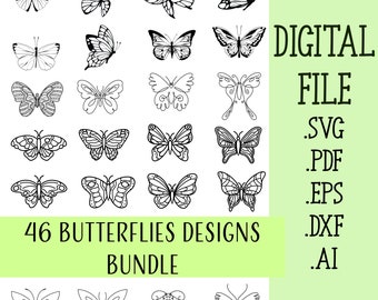 46 Butterfly Designs SVG Bundle, Hand drawn Butterfle svg, Butterfly Bundle Cricut SVG Files, Butterfly laser cut, Butterfly Cut File