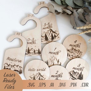 Mountains Baby Closet divisores SVG Bundle, Mountains Milestones SVG, corte a laser Glowforge Cricut Arquivos de download digital, cartões Baby Milestone