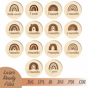 Arcs-en-ciel bébé jalons SVG, SVG de chambre d'enfant arc-en-ciel, Bonjour tout le monde SVG, fichiers en téléchargement numérique Cricut Glowforge découpé au laser, cartes jalon