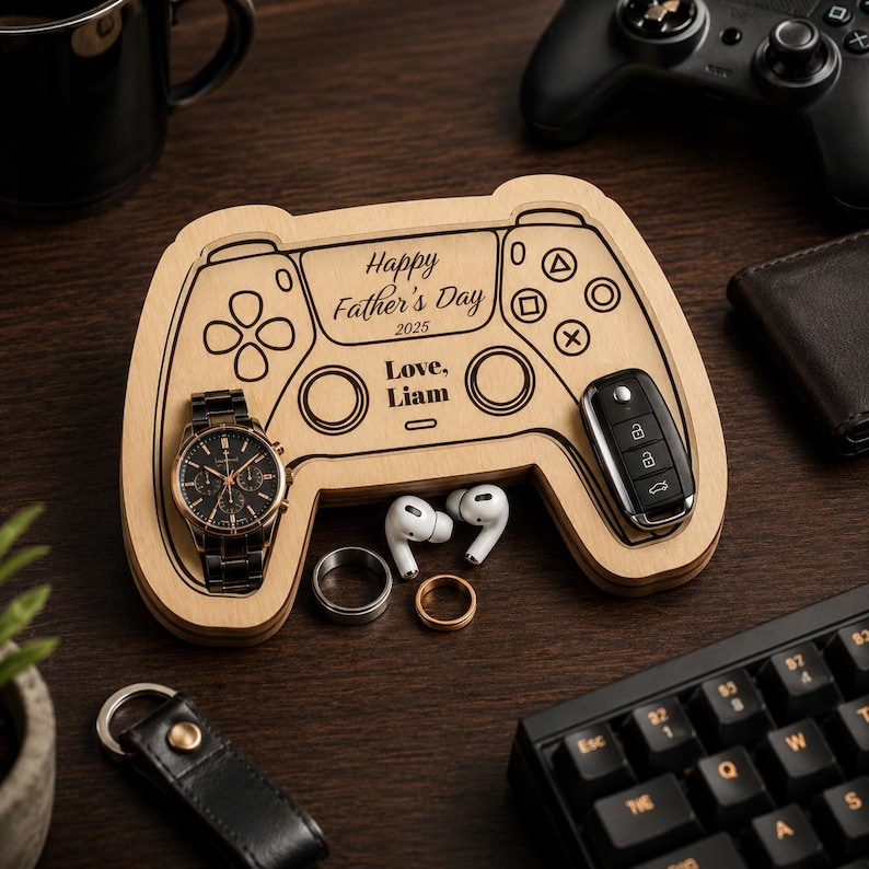 K&ouml;nnte beinhalten: Ein Holztablett in Form eines Gamecontrollers, graviert mit "Happy Father's Day 2025, Love, Liam." Das Tablett enth&auml;lt eine Uhr, einen Autoschl&uuml;ssel, kabellose Ohrh&ouml;rer und Ringe. Eine schwarze Uhr mit goldfarbener L&uuml;nette ist sichtbar.