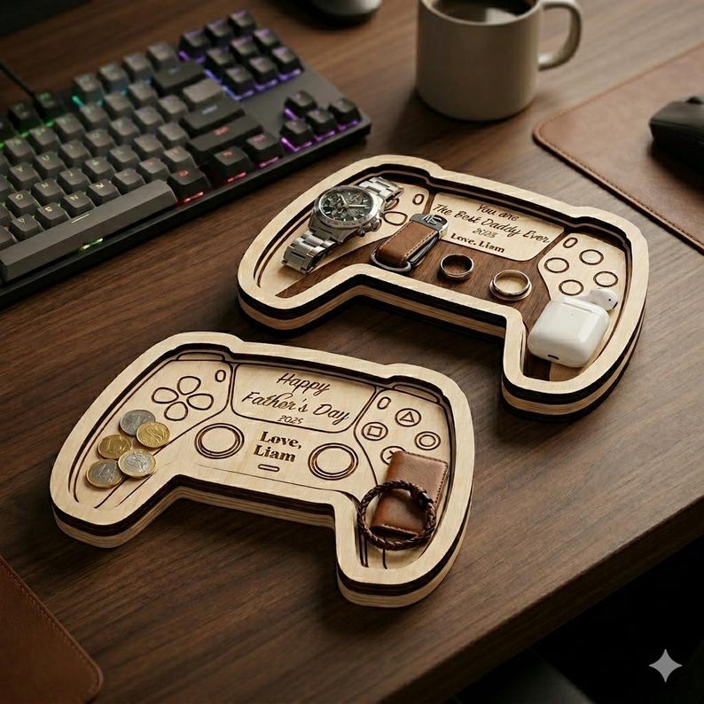 K&ouml;nnte beinhalten: Zwei Holztabletts in Form von Spielecontrollern. Ein Tablett enth&auml;lt eine Uhr, Ringe und einen Schl&uuml;sselanh&auml;nger. Das andere Tablett hat M&uuml;nzen und ein Armband. Auf den Tabletts steht "Happy Father's Day 2025" und "You are The Best Daddy Ever 2025".
