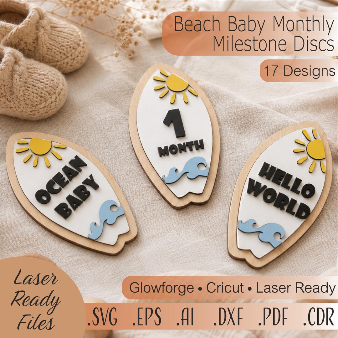 Beach Baby Monthly Milestone Discs SVG – Surfboard Laser Cut Files ...