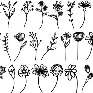 May include: A set of 20 black and white line drawings of various flowers and plants. The drawings are simple and elegant, and would be perfect for use in a variety of creative projects.