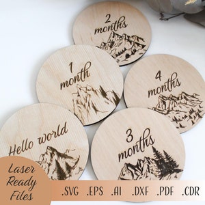 Montagne Milestone Cards Svg, Baby Milestones SVG, Laser Cut Glowforge Cricut Download digitale File, Woodland Glowforge SVG foto marcatori