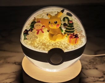 Terrarium pokeball pikachu de Noël avec support de lumière LED USB Cadeau de Noël
