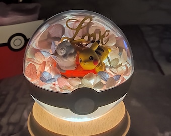 Pikachu sleepy Vulpix (Alola) terrarium de pokeball de fleurs préservées avec support de lumière LED USB Anniversaire Cadeau de la Saint-Valentin