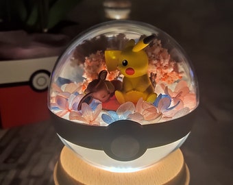 Pikachu sleepy eevee  sakura tree preserved flower pokeball terrarium with USB LED light stand