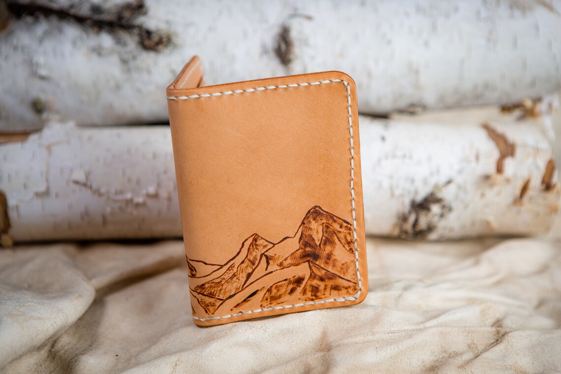 Vertical Bifold Wallet Mountain Scene Etching Leather Etsy
