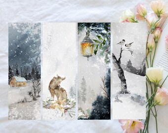 Cabin In The Woods, Wolf In The Snow Bookmark, Winter Scenes, Holiday Bookmark