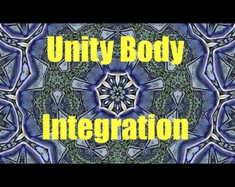 Op de afbeelding: Een caleidoscopisch beeld met een herhalend geometrisch patroon in tinten blauw, groen en wit. De woorden "Unity Body Integration" worden in grote gele tekst over de afbeelding weergegeven.