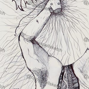Puede incluir: Dibujo a pluma en blanco y negro con las palabras "Radicalize Your Whimsy" y "For Protest". El dibujo presenta una figura estilizada con una cabeza grande y un diseño fluido y texturizado.