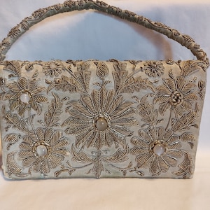Wire art evening bag 1960s RARE Vintage purse satin and wire art floral design bag