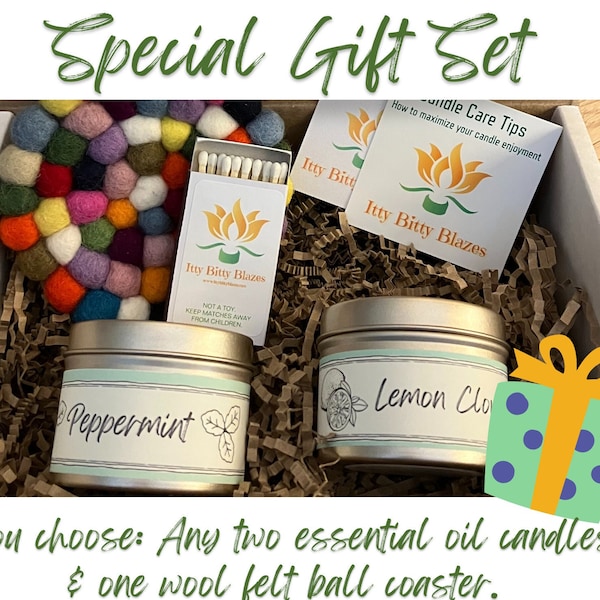 Soy Candle Gift Set | Essential Oil Candles | Felt Ball Coaster Gift | Candle Gift Set | Housewarming Gift | Teacher Gift