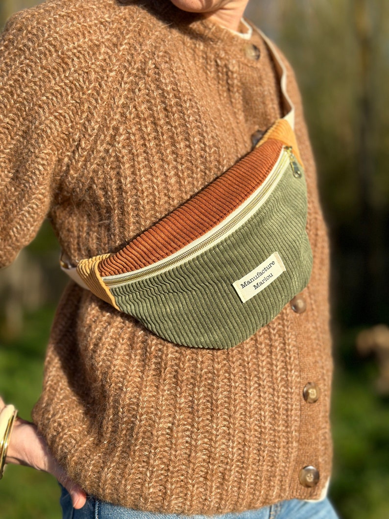 Tricolor corduroy fabric fanny pack Vert/Rouille/Jaune