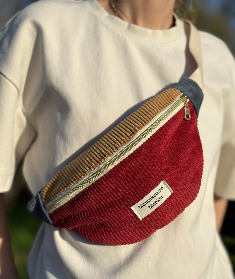 Tricolor corduroy fabric fanny pack Rouge/Jaune/Bleu