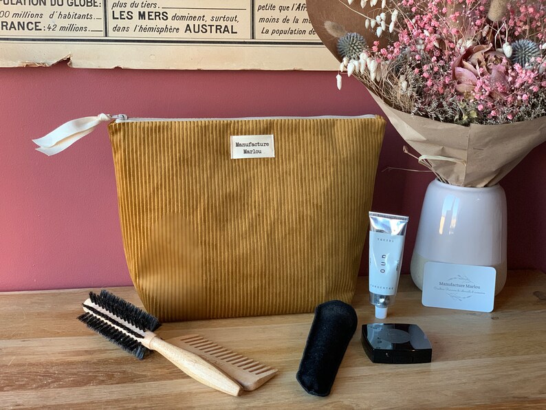 Grande trousse de toilette en velours côtelé Rose Poudré, Jaune moutarde, Vert olive Jaune moutarde