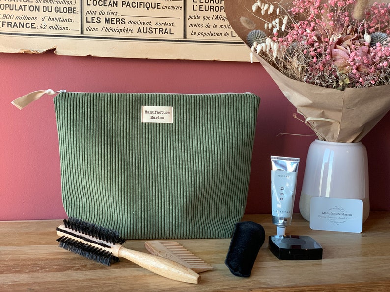 Grande trousse de toilette en velours côtelé Rose Poudré, Jaune moutarde, Vert olive Vert sapin