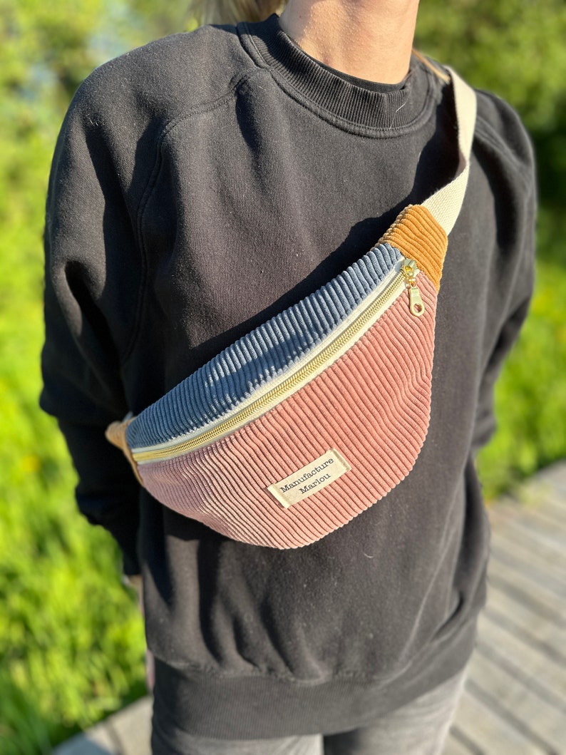 Tricolor corduroy fabric fanny pack Rose/Bleu/Jaune