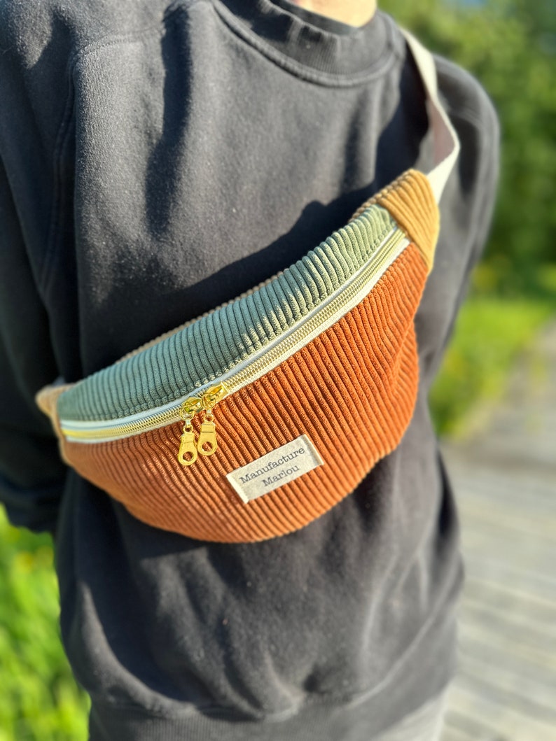 Tricolor corduroy fabric fanny pack Rouille/Vert/Jaune