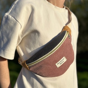 Tricolor corduroy fabric fanny pack Rose/Gris foncé/Jaun