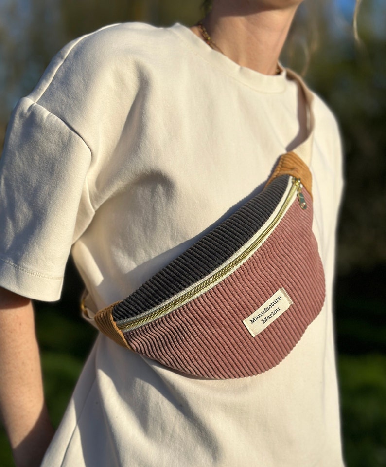 Tricolor corduroy fabric fanny pack Rose/Gris foncé/Jaun