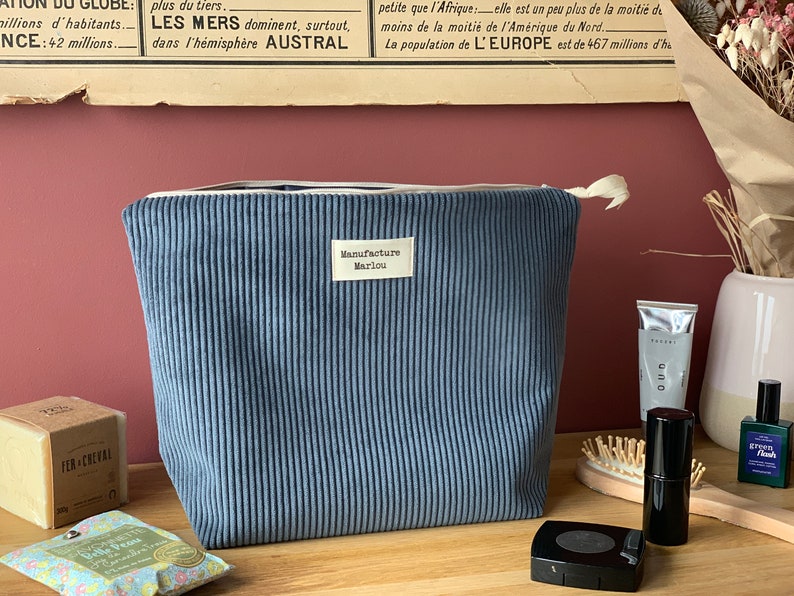 Grande trousse de toilette en velours côtelé Bleu