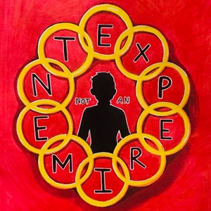 May include: A silhouette of a person standing in the center of a circle of yellow rings with the word "NOT AN EXPERIENCE" spelled out in black letters.